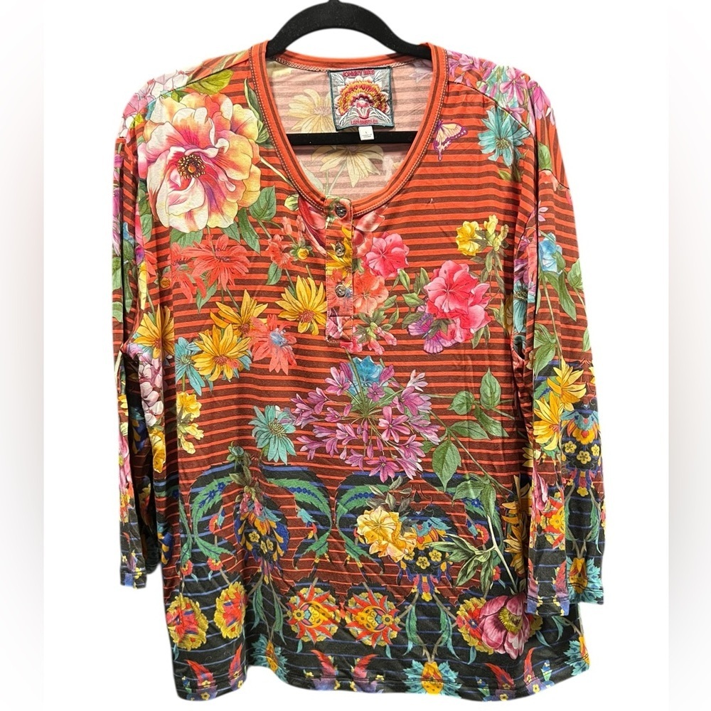 Johnny Was Striped Floral Long Sleeve Top Size large